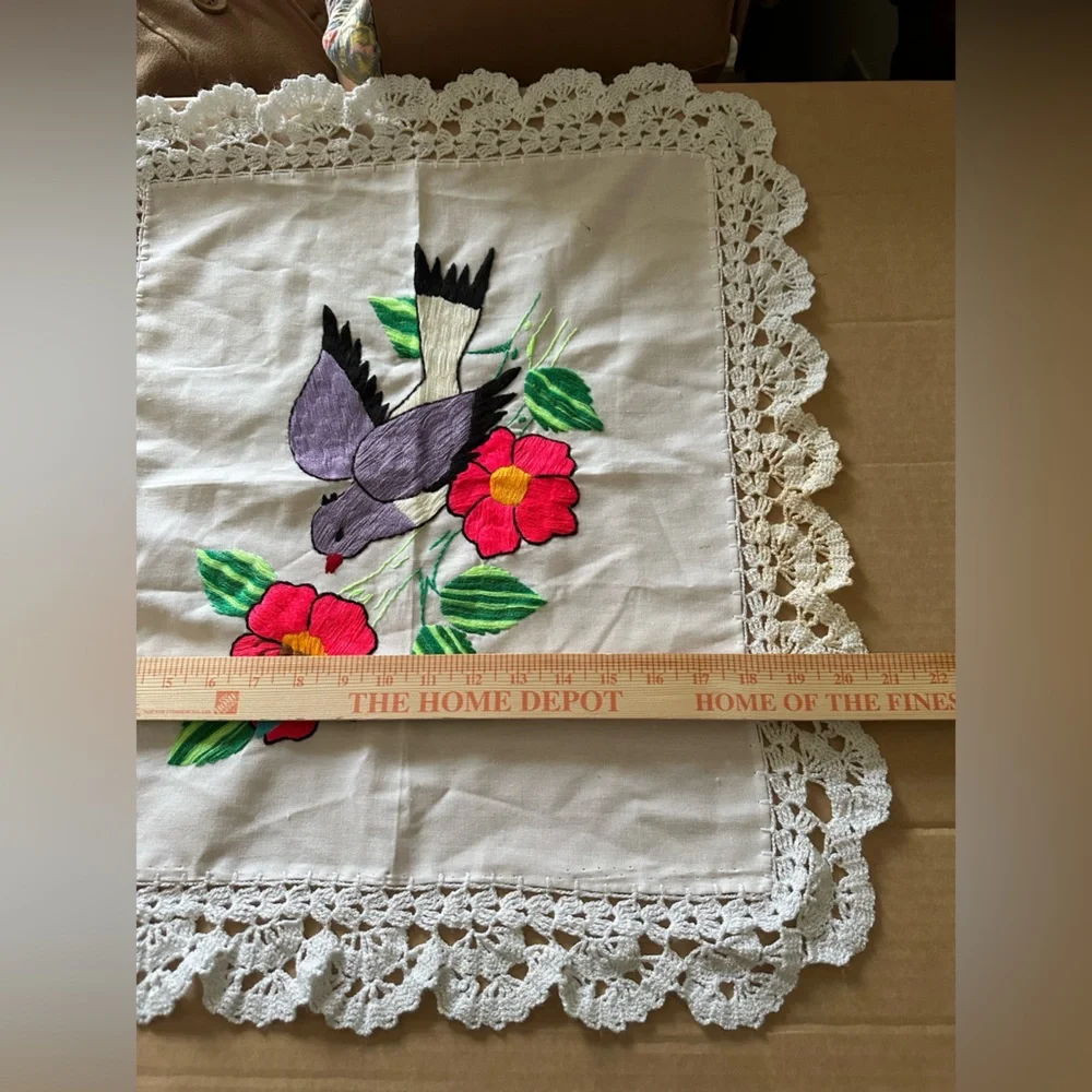 Embroidered Bird & Floral Lace Doily ⚠️ Stains 24 x 21 Large Piece